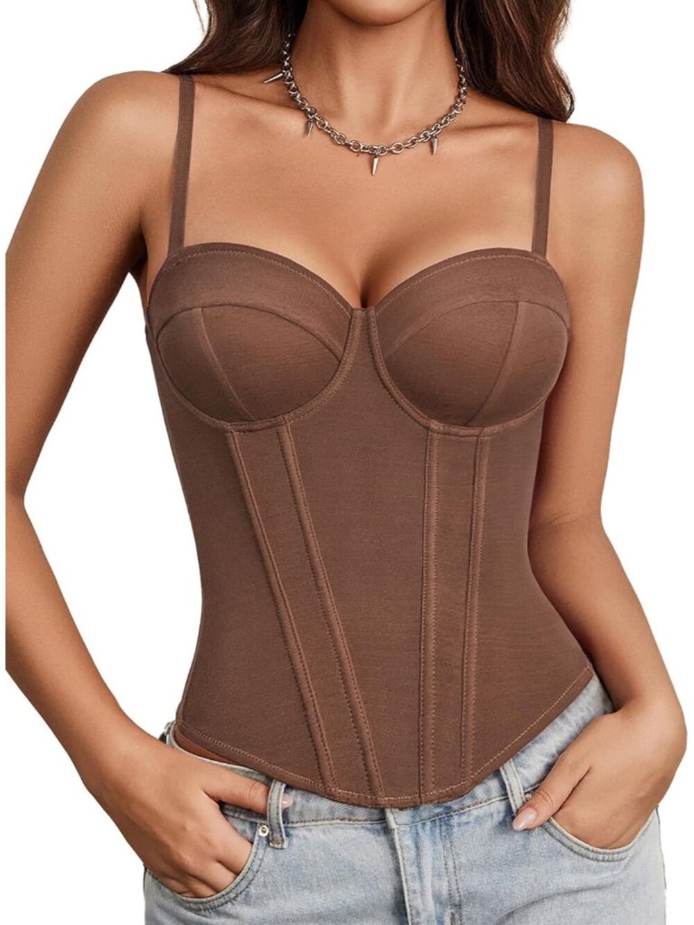 Women Brown Sweetheart Neck Adjustable Straps Underwire Bustier Sexy Corset Top